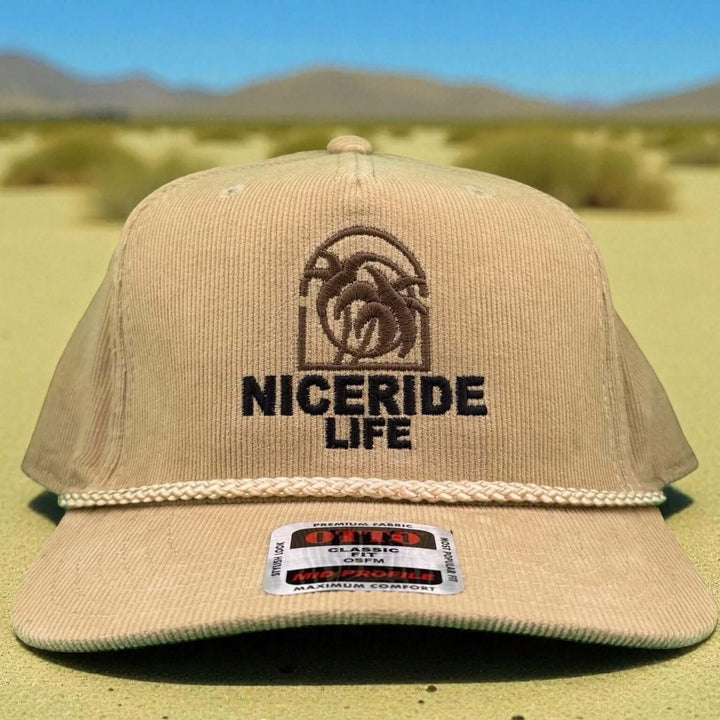 Chapel Corduroy OTTO CAP snapback baseball cap featuring Niceride Life logo and braided rope detail.