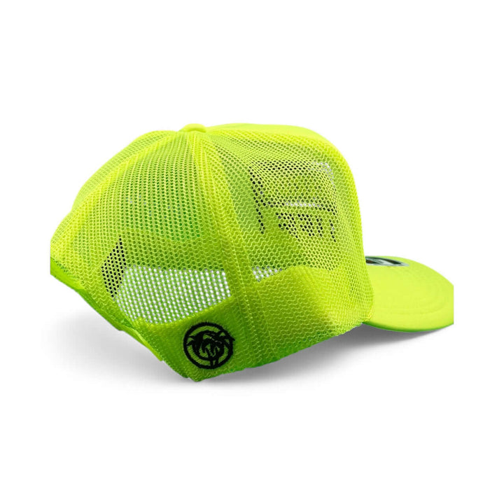 Back view of NICERIDE “Caution” foam trucker hat featuring a vibrant neon mesh design and embroidered logo.