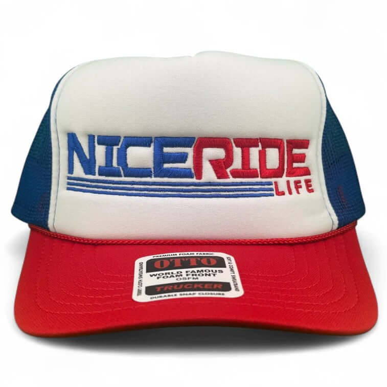 RedLine foam trucker hat featuring NICERIDE embroidered logo on a stylish design.
