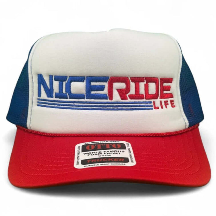 RedLine foam trucker hat featuring NICERIDE embroidered logo on a stylish design.