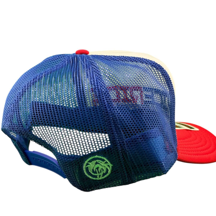 RedLine foam trucker hat showing the blue mesh back design and adjustable strap for comfort.