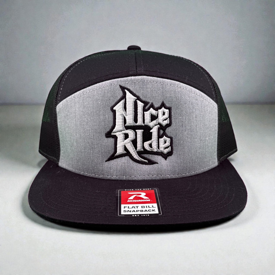 My Hero Richardson 7 Panel Unisex Hat featuring NICERIDE logo on a flat bill design.