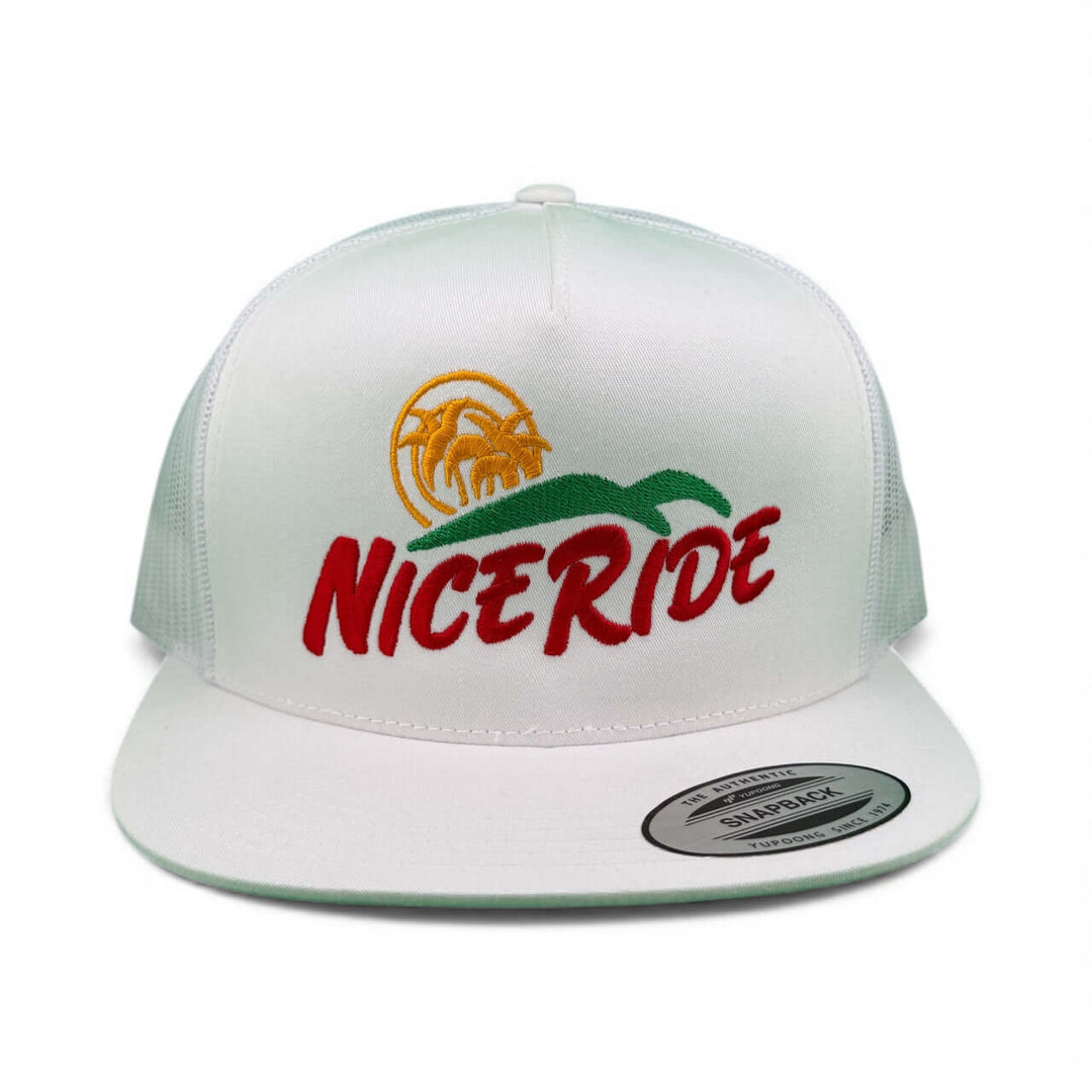 Niceride "Crinkle Cut" 6006 Unisex Adjustable Trucker Hat featuring vibrant palm tree logo.