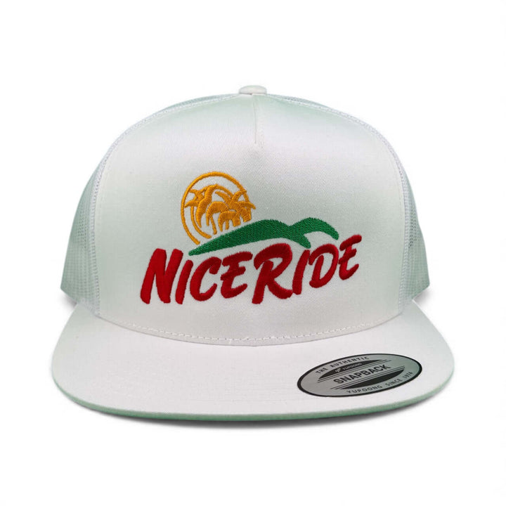Niceride "Crinkle Cut" 6006 Unisex Adjustable Trucker Hat featuring vibrant palm tree logo.