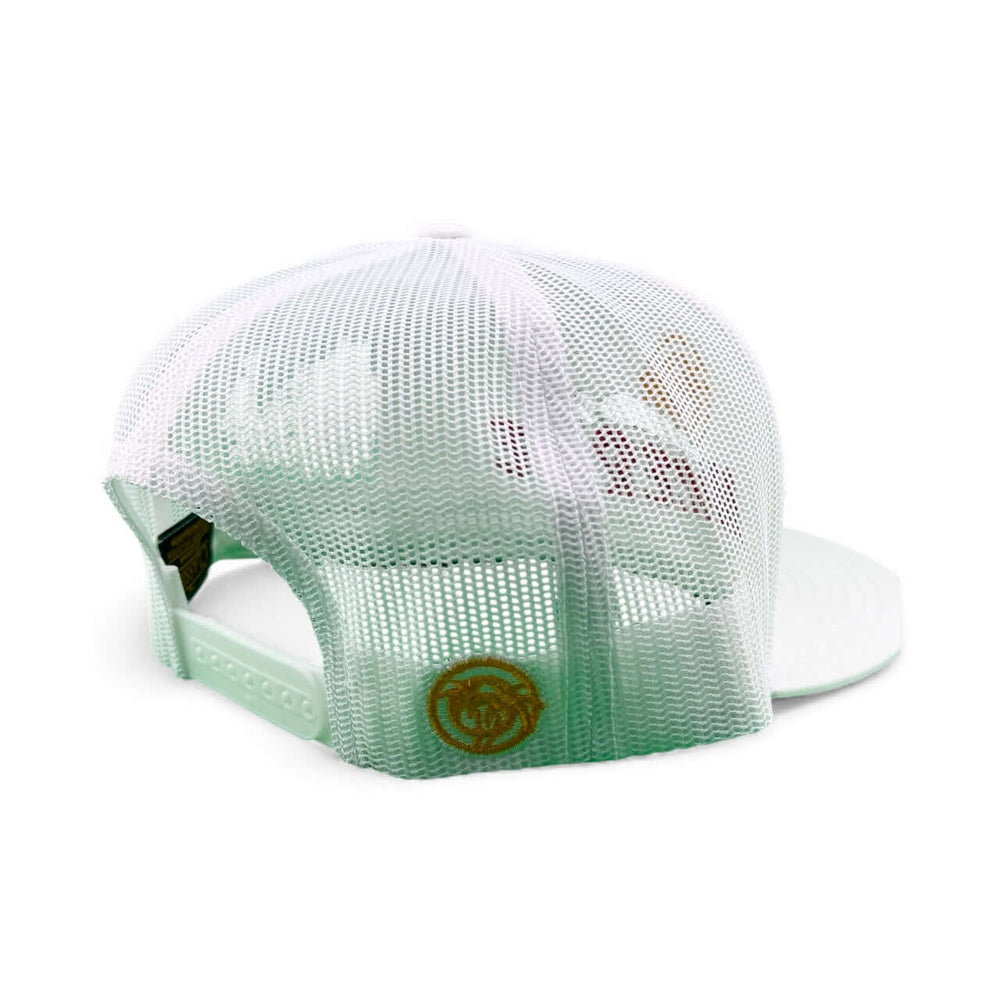 Back view of Niceride Crinkle Cut 6006 unisex adjustable trucker hat in mint with mesh design.
