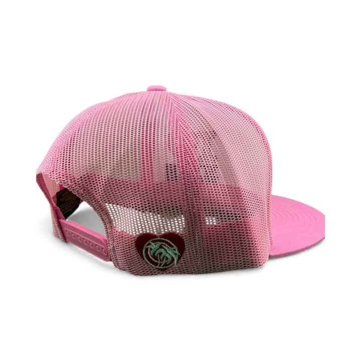 Back view of the IHEART 6006 Unisex Trucker Hat in pink, showcasing its breathable mesh design and adjustable snapback.