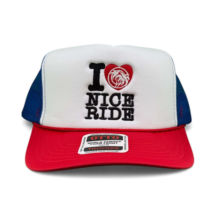 IHEART Otto Foam unisex adjustable trucker hat featuring bold I love Nice Ride embroidery.
