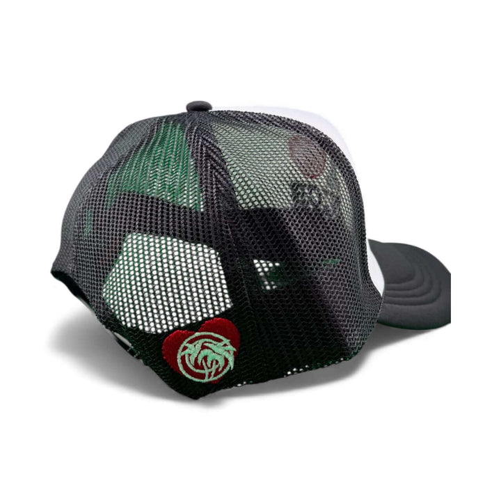 Back view of the IHEART Otto Foam unisex adjustable trucker hat showing mesh design and embroidered logo.