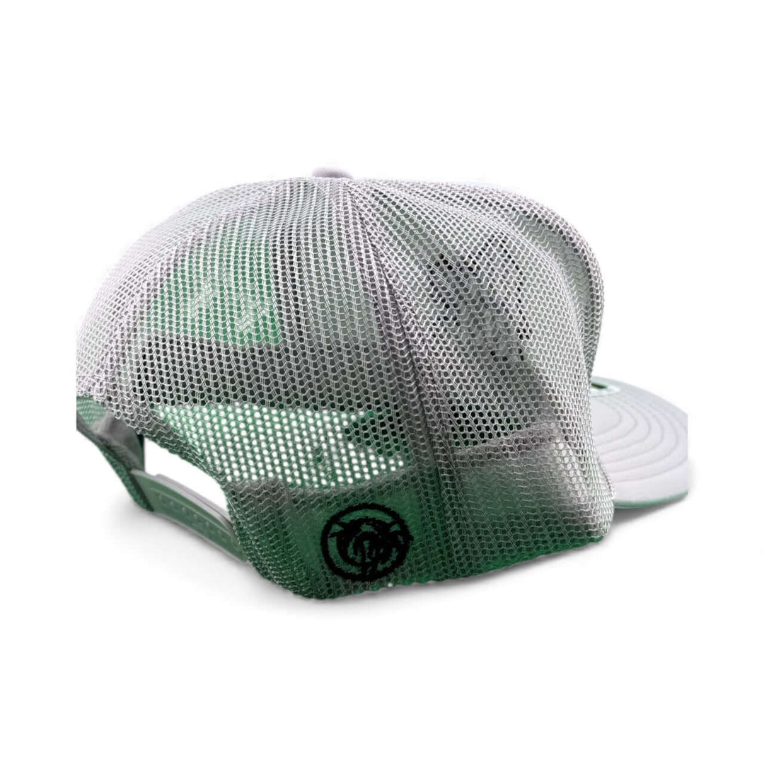 Back view of NICERIDE “My Hero” Otto Foam unisex adjustable trucker hat, showcasing mesh design and embroidered logo.