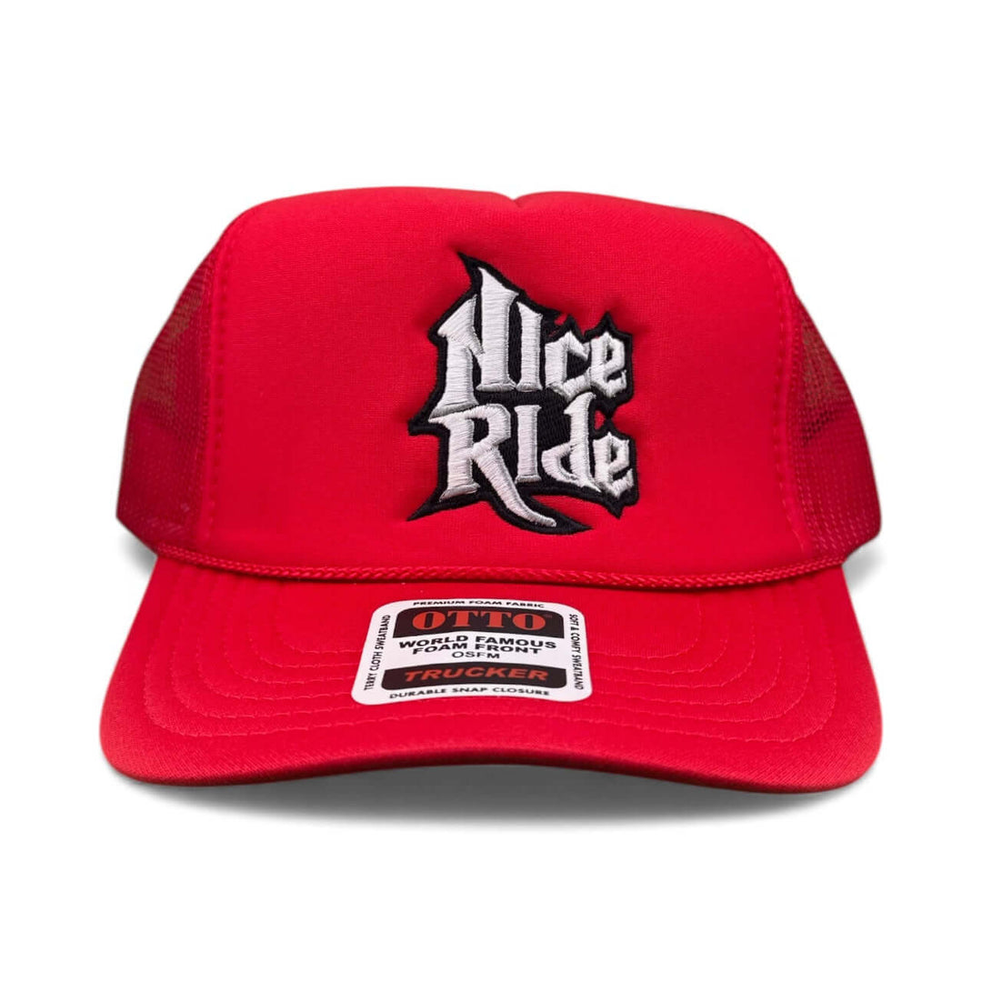 My Hero Otto Foam Unisex Adjustable Trucker Hat in red with embroidered logo, featuring an iconic design and comfort.