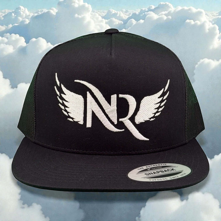 Soaring Unisex Adjustable Trucker Hat with NR logo on front panel against a cloud background.