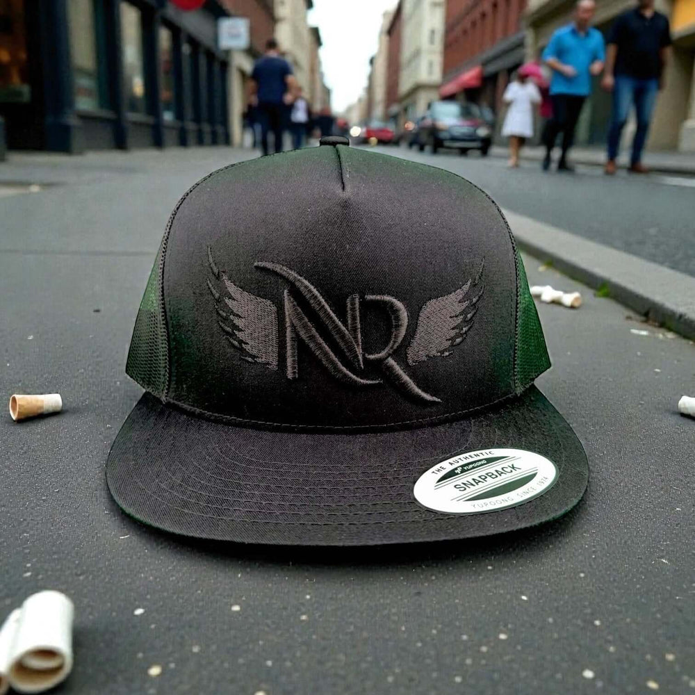 Soaring 3D Black Puff Unisex Adjustable Trucker Hat on sidewalk with urban background.
