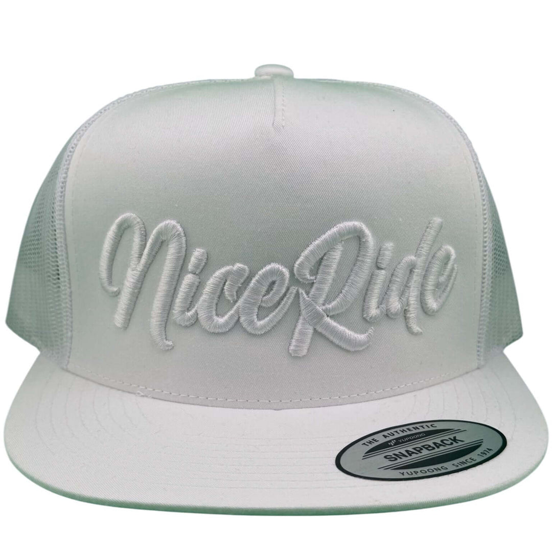 NICERIDE "Signature" 3D Puff unisex adjustable white hat featuring raised embroidery on the front.
