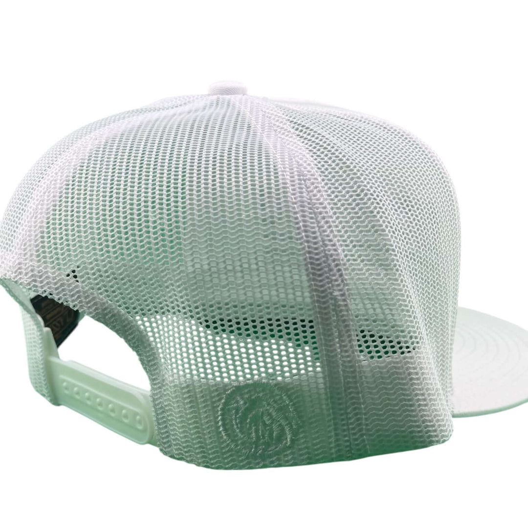 Back view of the NICERIDE "Signature" 3D White Puff unisex adjustable trucker hat with mesh panel.
