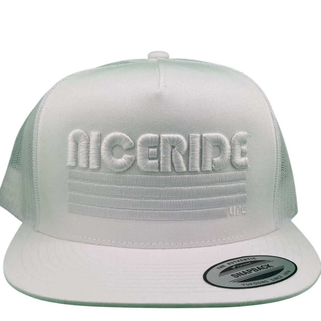 NICERIDE 'Trigger' 3D Puff hat in white, featuring raised thread embroidery, adjustable trucker cap.