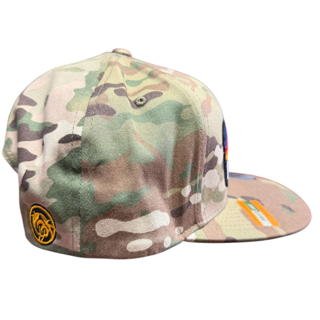 Glacier 6089 Unisex Adjustable trucker hat in camo pattern, showcasing structured back and embroidered logo.