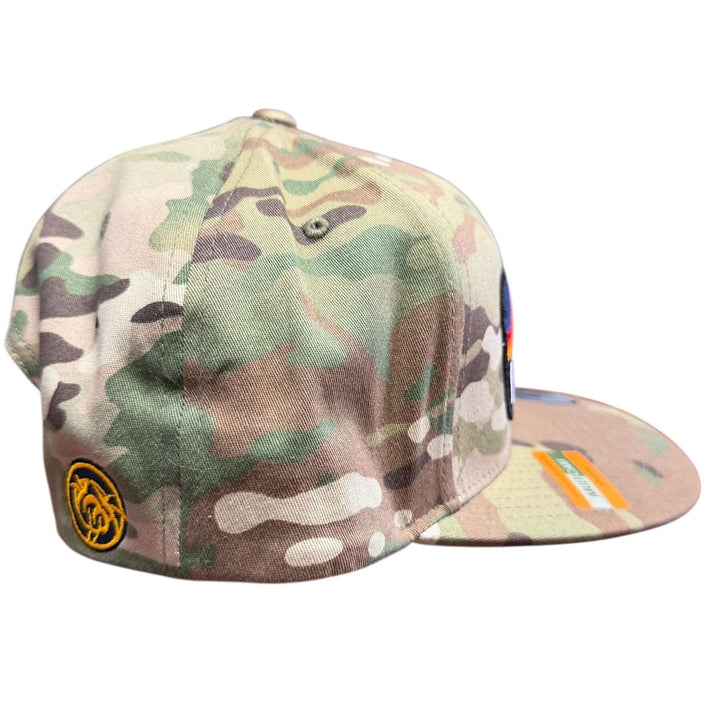 Glacier 6089 Unisex Adjustable trucker hat in camo pattern, showcasing structured back and embroidered logo.