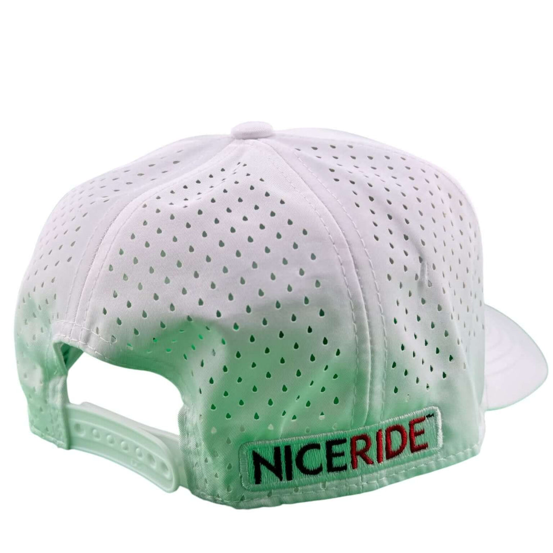 NICERIDE Rojo Negro 5-Panel Performance Golf Trucker Cap with laser-cut mesh back and snapback closure.