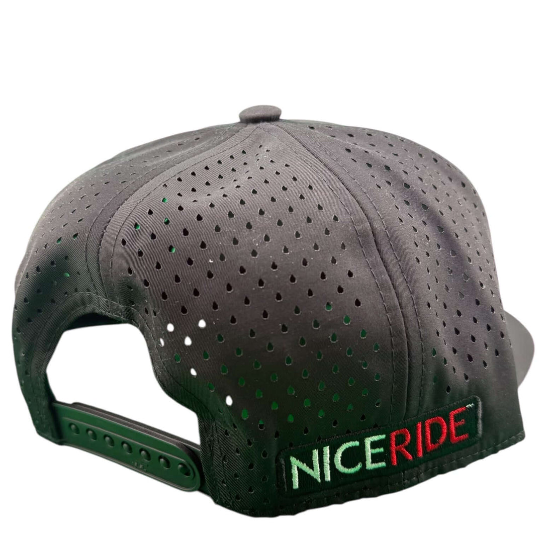 Back view of the NICERIDE Rojo Negro 5-Panel Performance Golf Trucker Cap showcasing the laser-cut mesh design.