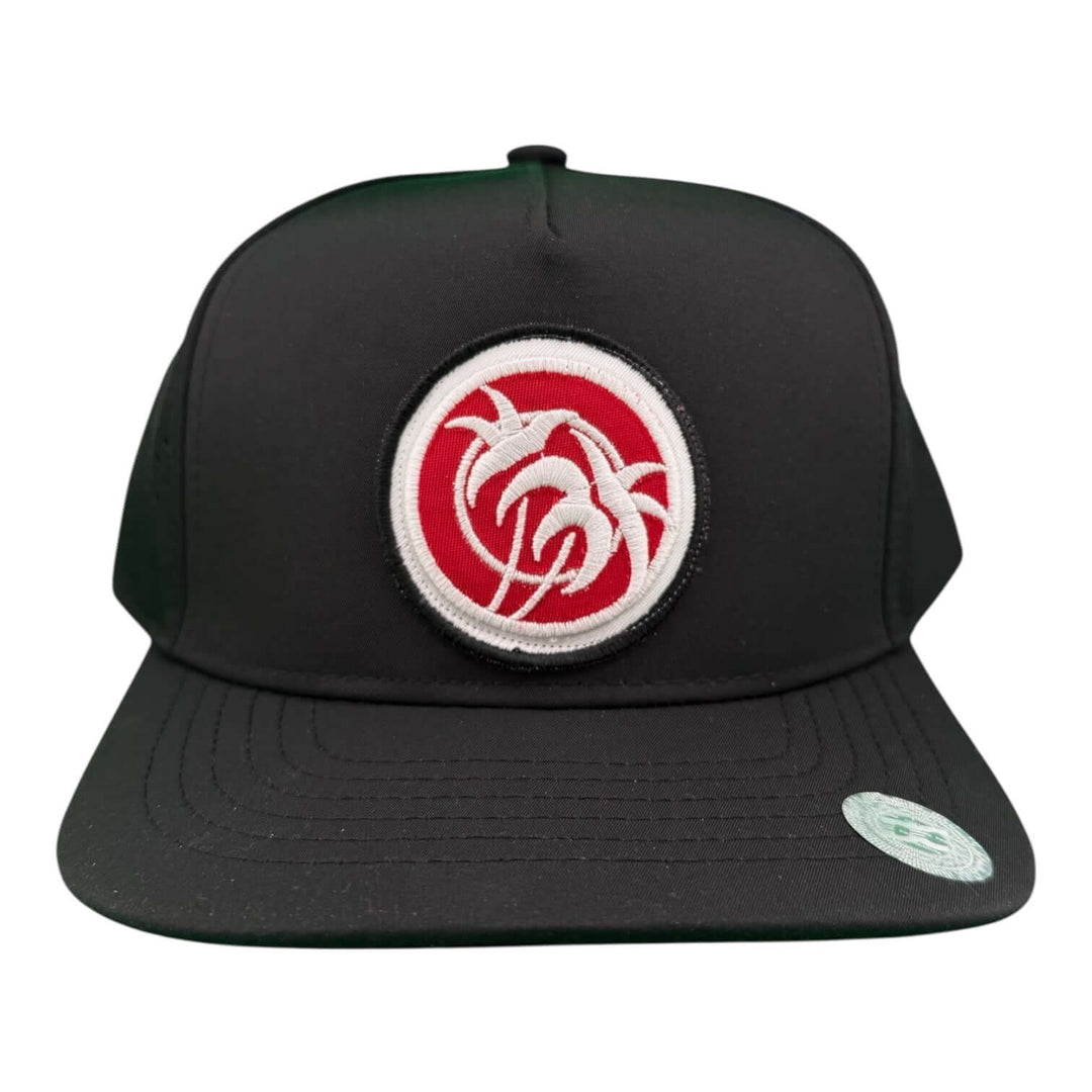 Rojo Negro 5-Panel Performance Golf Trucker Cap featuring a circular palm logo on a black snapback design.