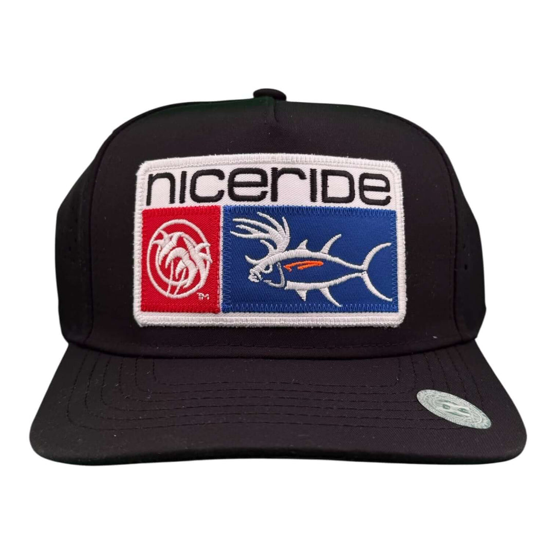 NICERIDE “Buck-Eye Patch” cap with embroidered logo on a black 5-panel performance trucker design.