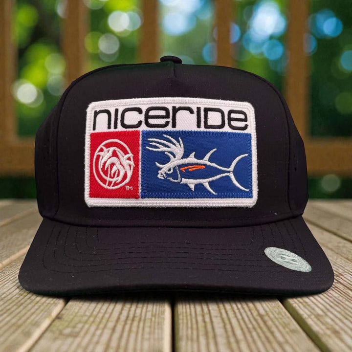 NICERIDE cap featuring embroidered logo on a black trucker style hat, ideal for outdoor fishing and golf activities.