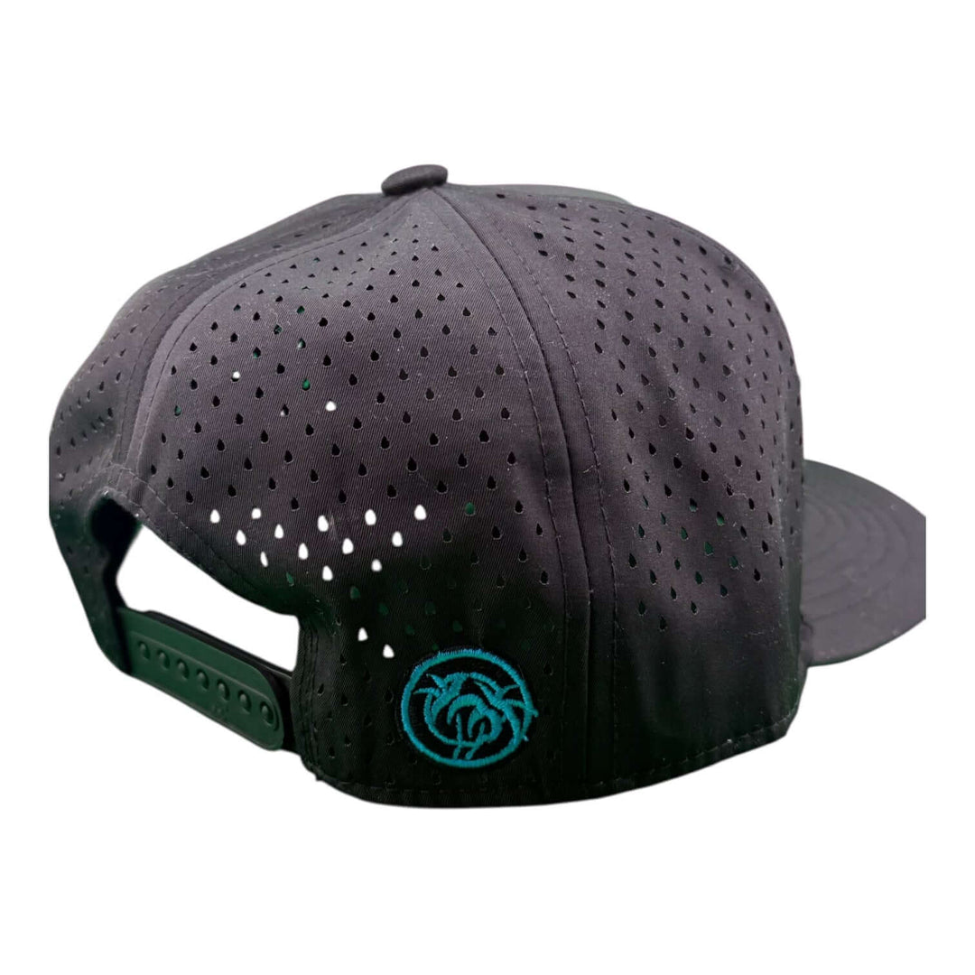 Back view of NICERIDE Buck-Eye Patch cap featuring laser-cut mesh design and adjustable snapback.