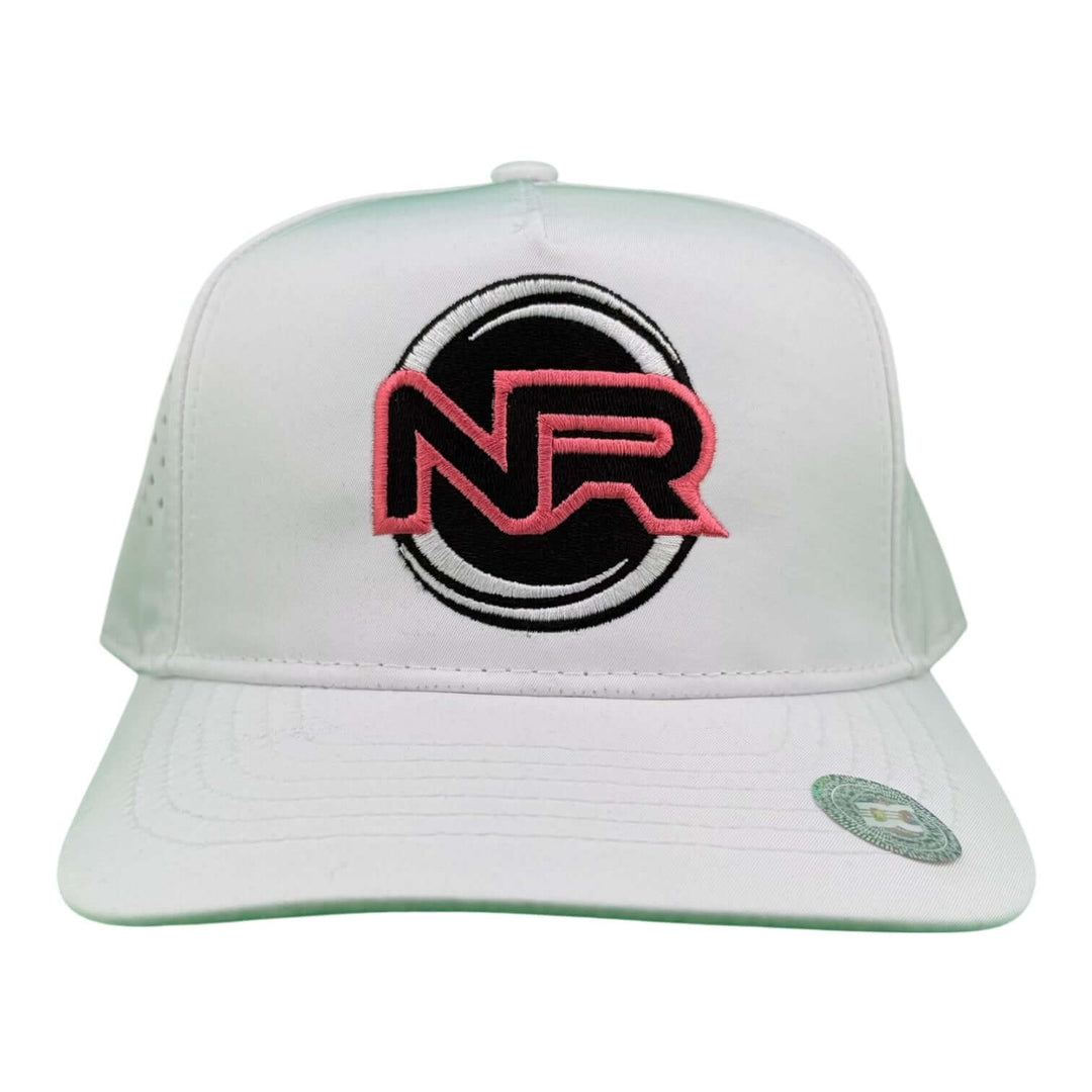 Whole Heart Embroidered 5-Panel Performance Golf Trucker Cap in white with pink NR logo.