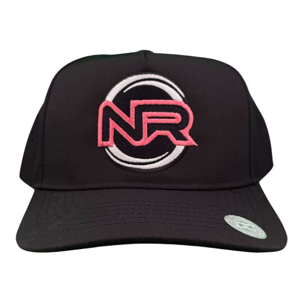 “Whole Heart” cap featuring NR logo, black fabric, perfect for golf and outdoor activities.