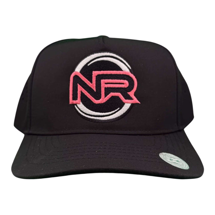 Whole Heart embroidered cap featuring NR logo on a black trucker design with pink accents for performance wear.