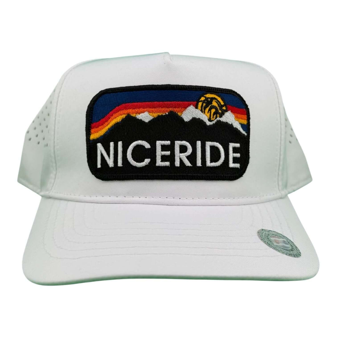NICERIDE Glacier Embroidered 5-Panel Performance Golf Trucker Cap with waterproof A-Frame design and laser-cut mesh.