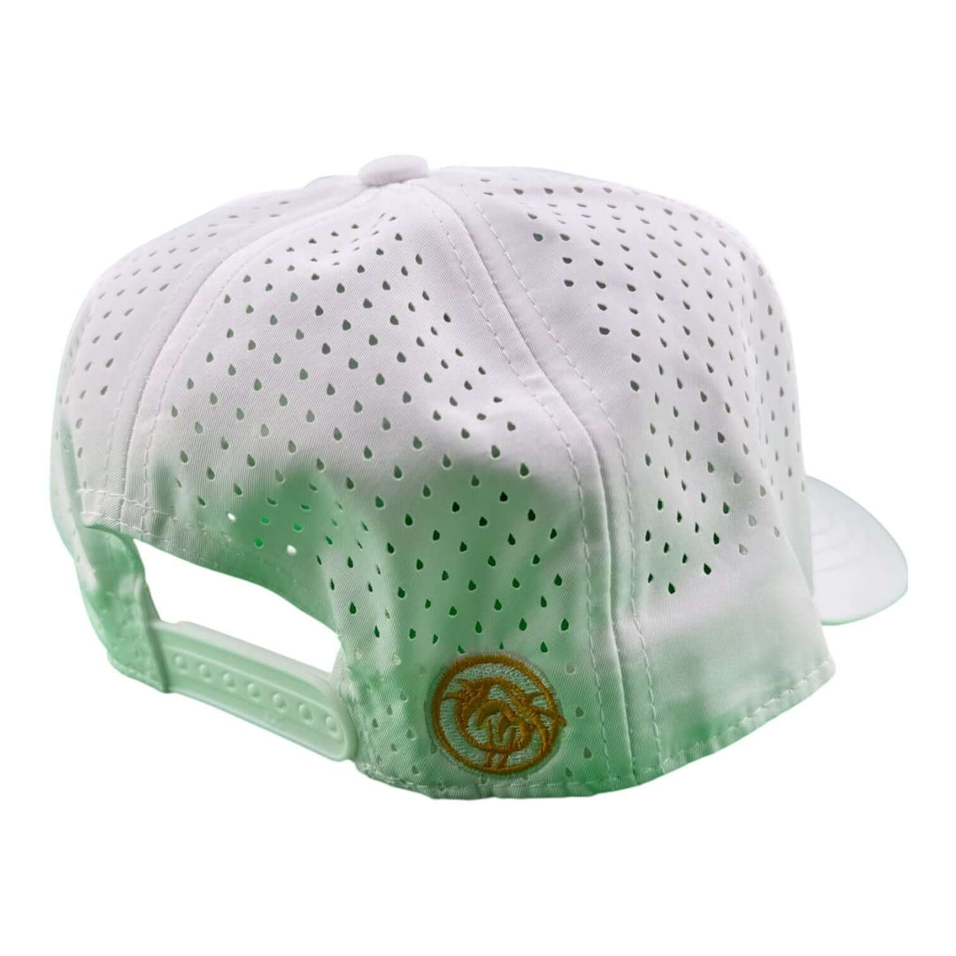 Back view of the Glacier Embroidered 5-Panel Performance Golf Trucker Cap showcasing its laser-cut mesh back.