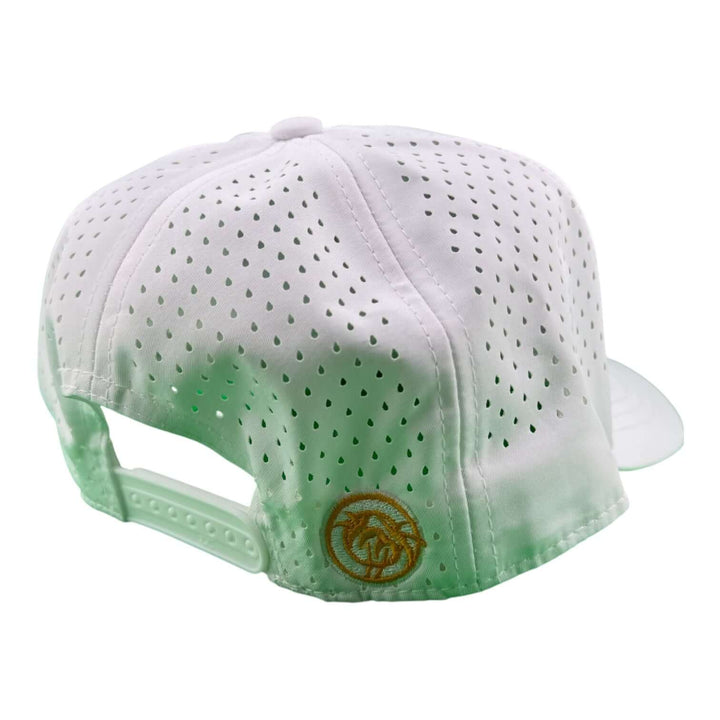 Back view of the Glacier Embroidered 5-Panel Performance Golf Trucker Cap showcasing its laser-cut mesh back.