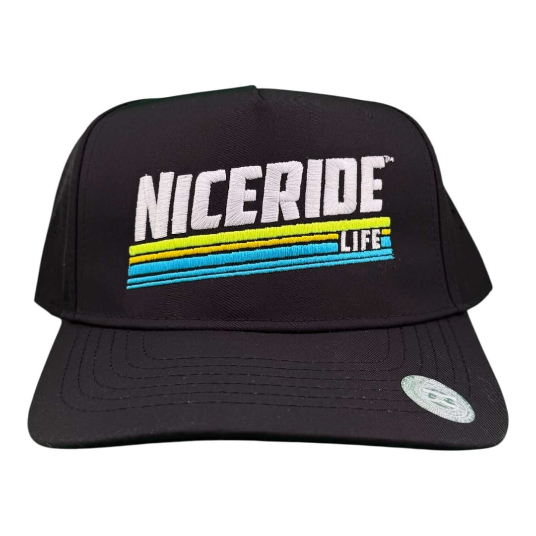 NICERIDE Life black cap featuring colorful embroidered logo for stylish performance and comfort.