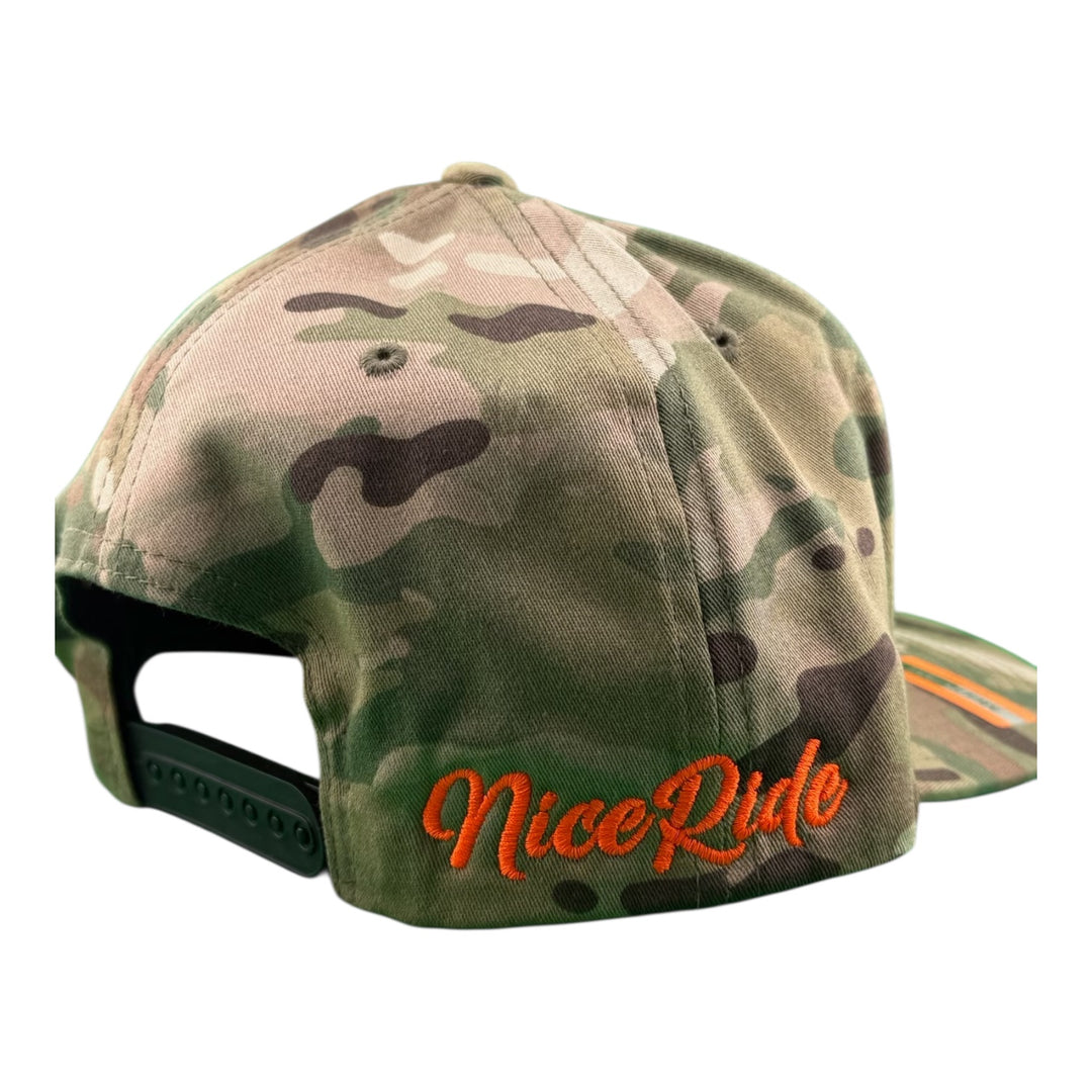 Back view of the NICERIDE "ROJO" 6089 unisex adjustable multicam trucker hat showcasing the embroidered logo.