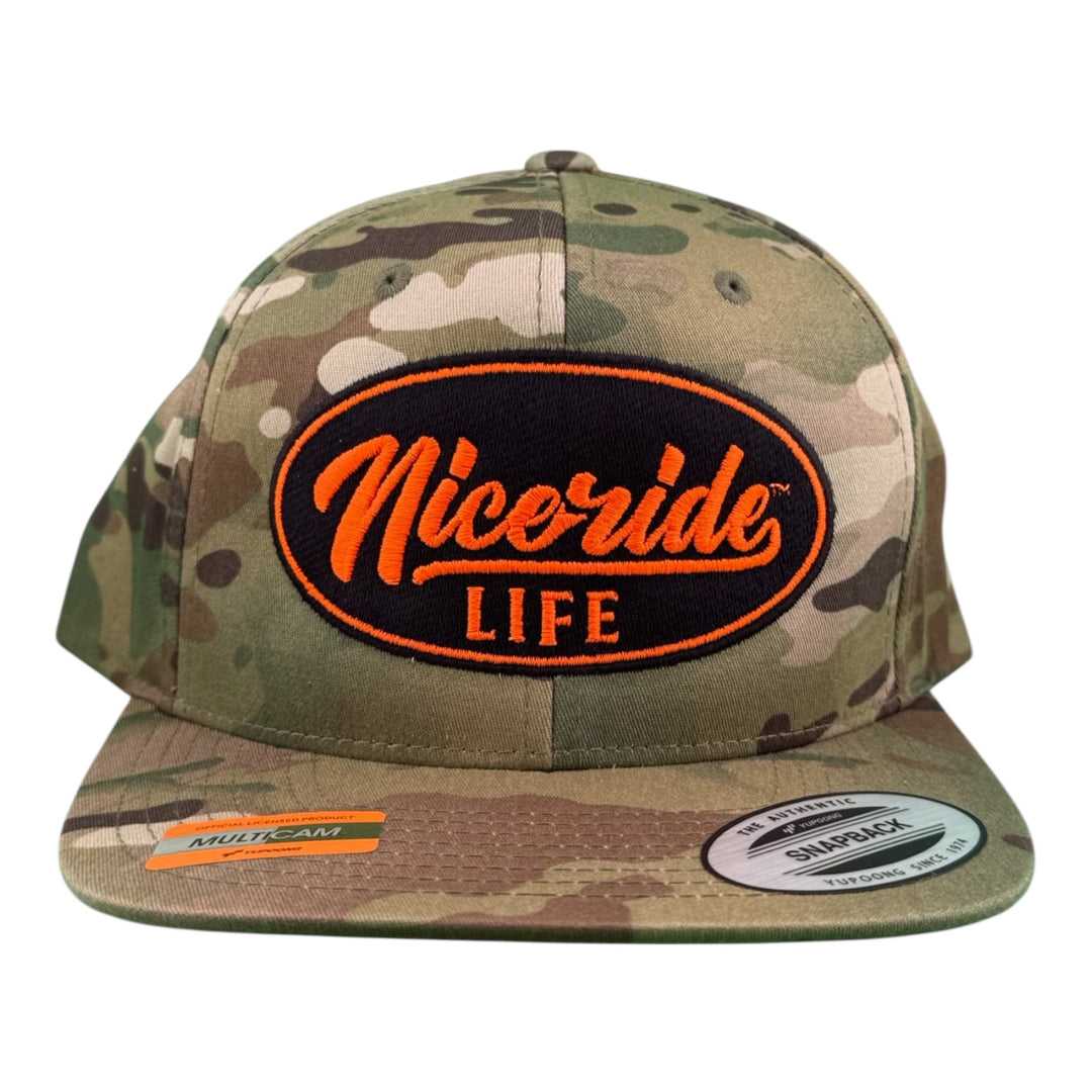 NICERIDE "HORSEPOWER" unisex adjustable Multicam trucker hat with embroidered logo.