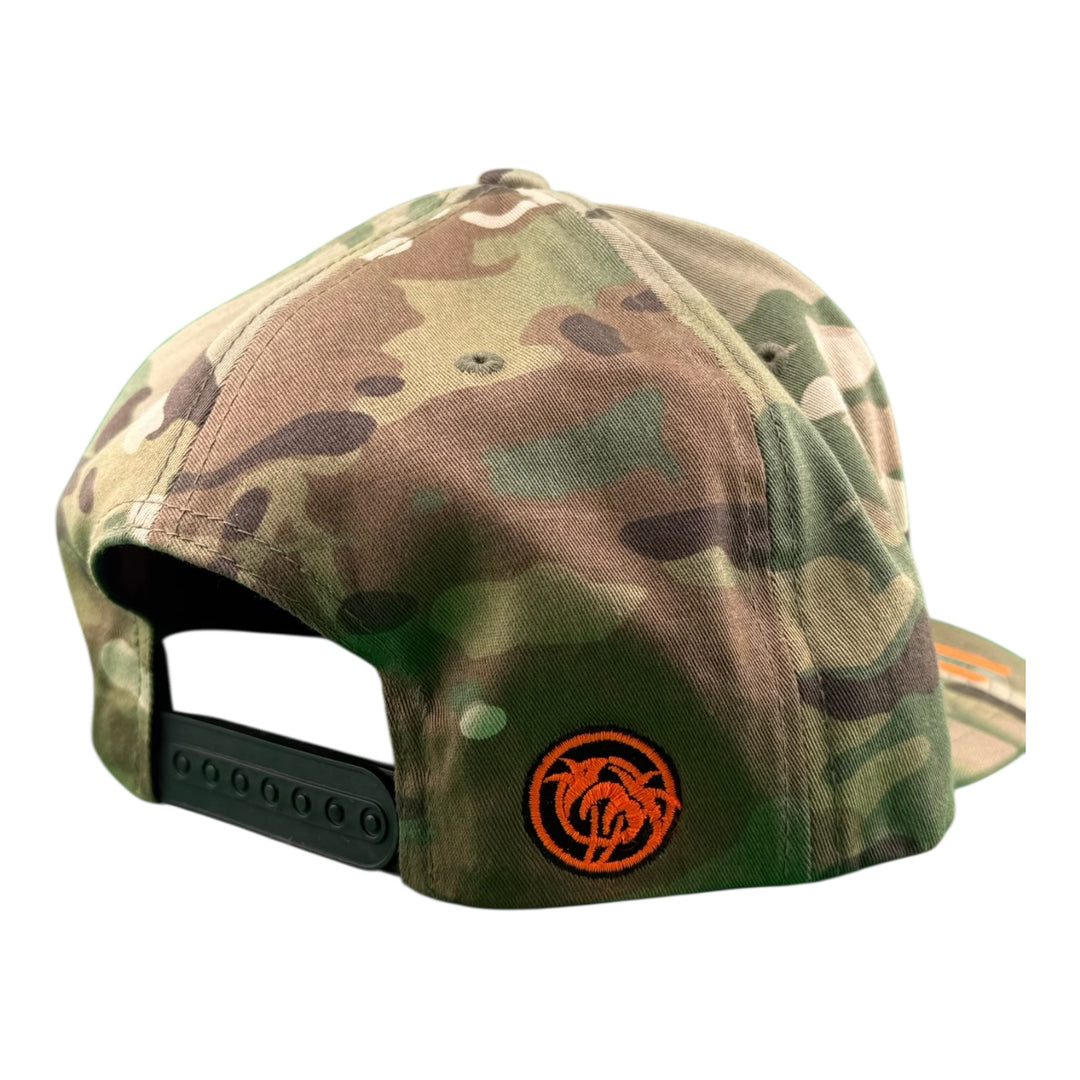 Back view of NICERIDE GOOD TIMES unisex adjustable multicam trucker hat showcasing embroidered logo.