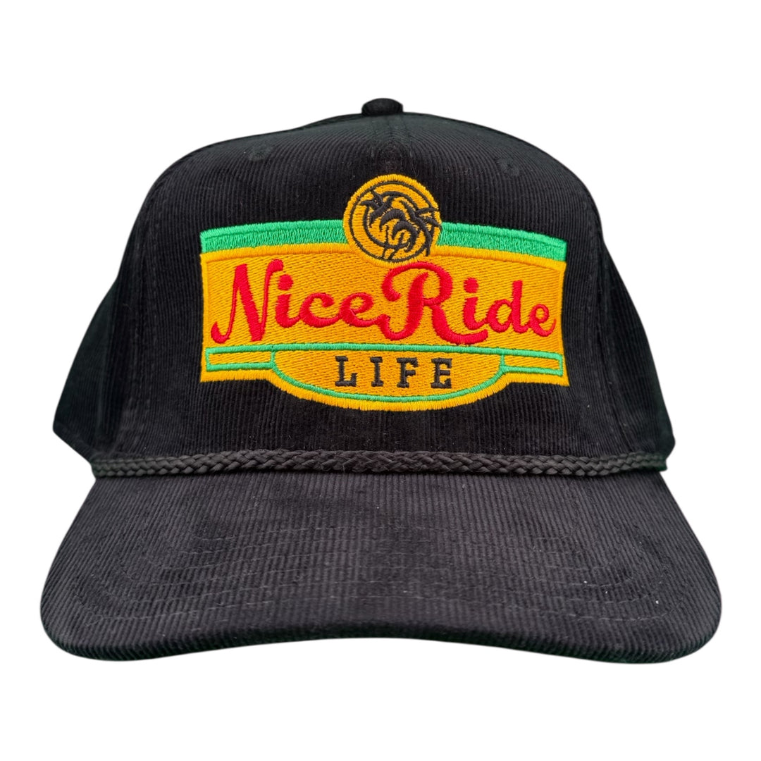 BUBBLE WATER Black Corduroy OTTO CAP 5 Panel Snapback Baseball Cap featuring NiceRide Life embroidered logo.