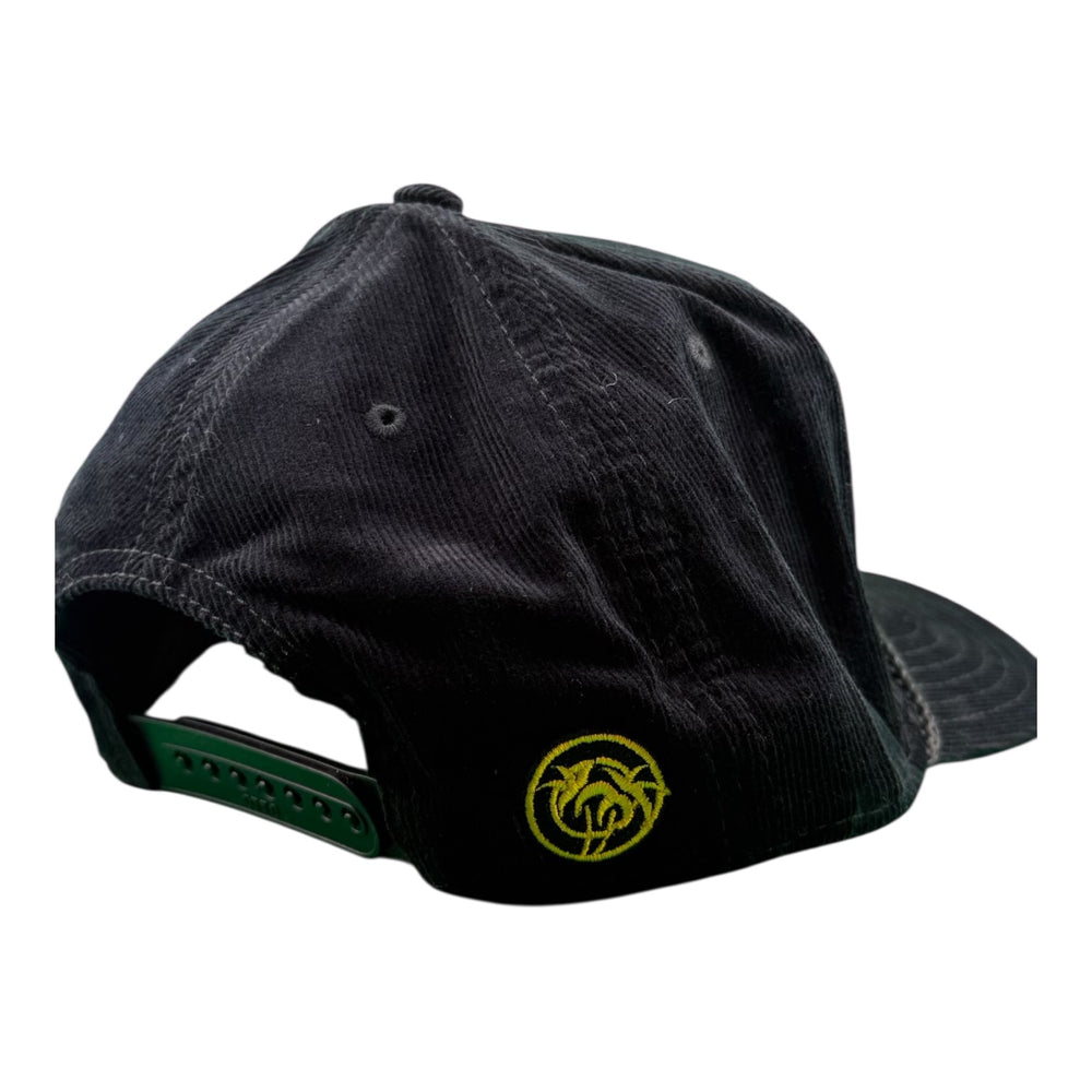 Rear view of the BUBBLE WATER Black Corduroy OTTO CAP 5 Panel Snapback Baseball Cap, featuring stylish logo detail.