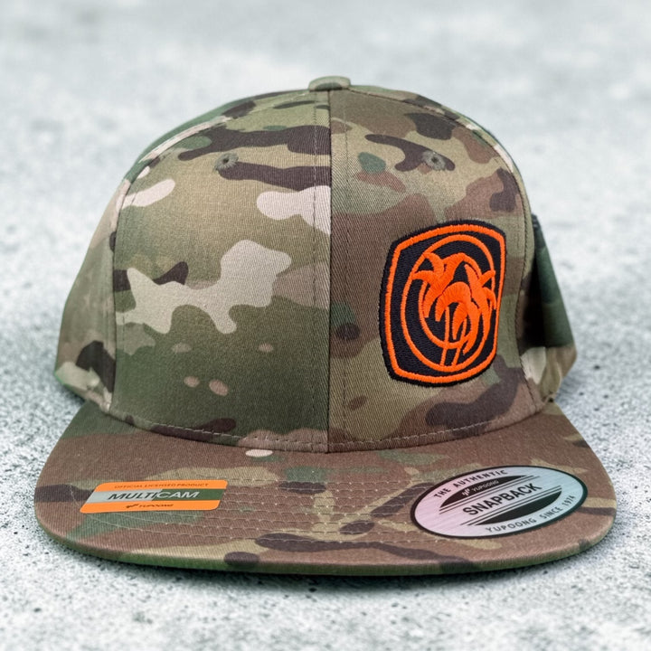 MOE DOE 6089 Unisex Adjustable Multicam Trucker Hat featuring embroidered logo on structured front panel.