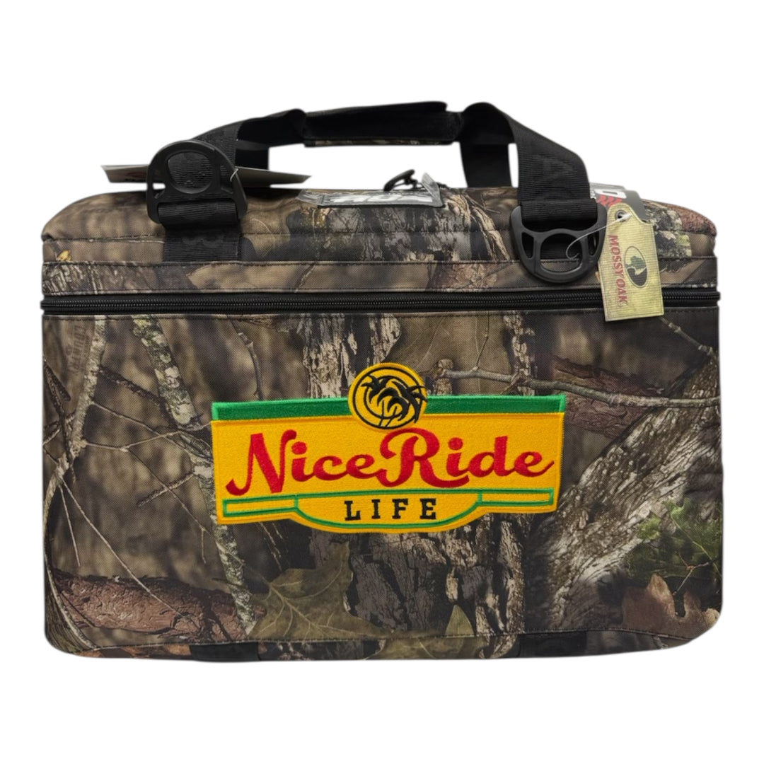 NICERIDE BUBBLE WATER Mossy Oak cooler with logo, soft-sided, heavy-duty, 36-can capacity, perfect for outdoor adventures.