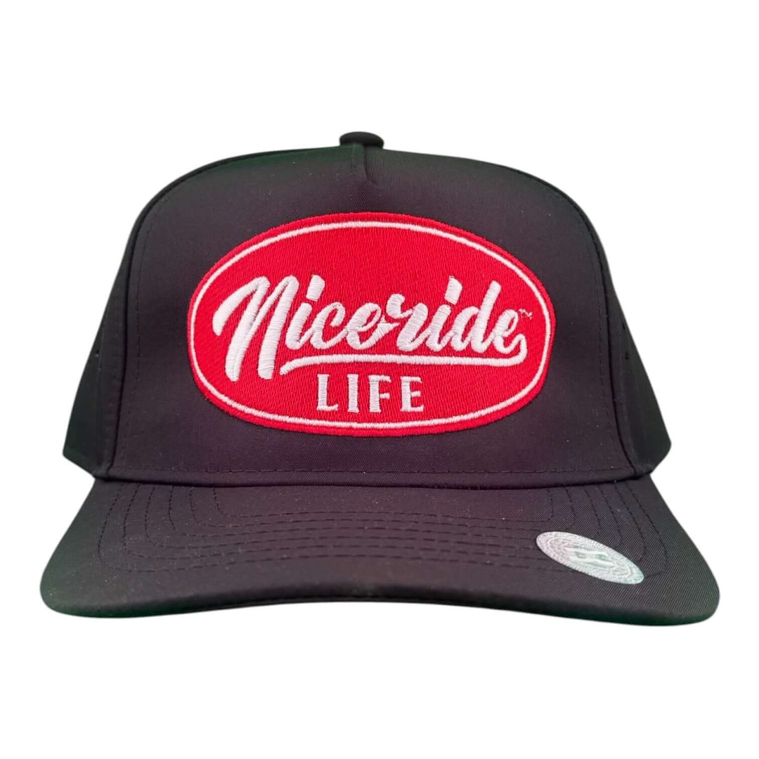 NICERIDE Embroidered Cap showcasing the bold red and black design, perfect for performance and style.
