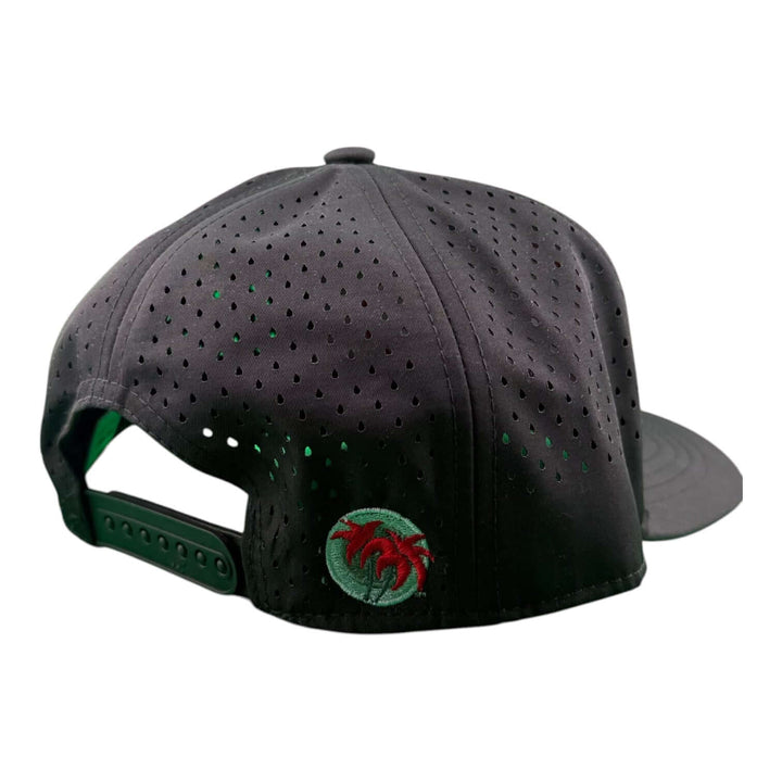 Back view of the Horsepower embroidered 5-panel performance golf trucker cap with waterproof mesh back.