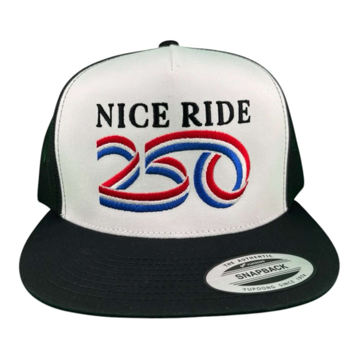 “250” unisex adjustable trucker hat featuring embroidered NICE RIDE logo in red, white, and blue, perfect for outdoor enthusiasts.