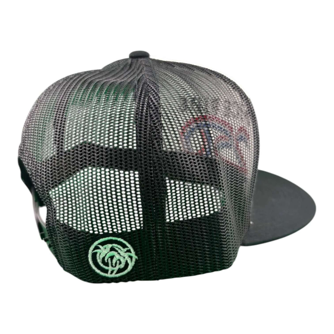 Back view of the unisex adjustable trucker Hat featuring a mesh design and embroidered logo.