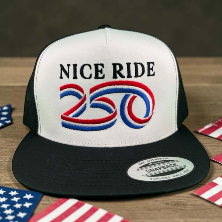 250" 6006 Unisex Adjustable Trucker Hat featuring embroidered Nice Ride and 250 design.