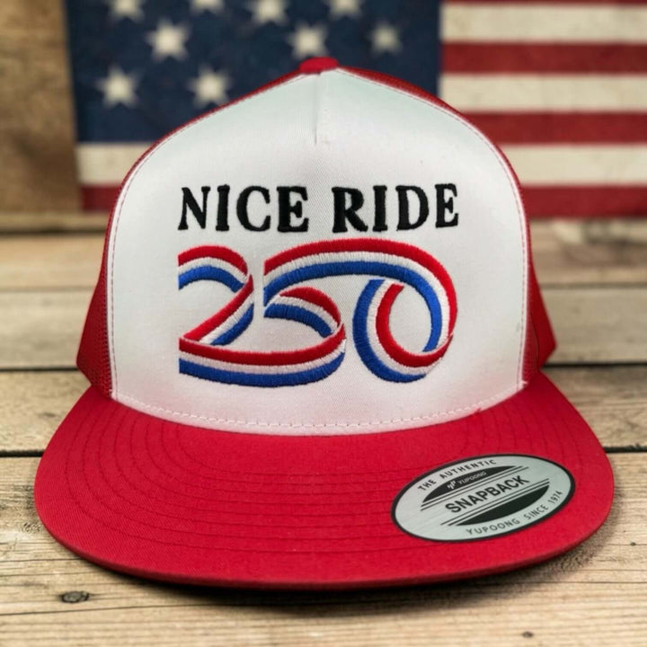 “250” Adjustable Trucker Hat with embroidered design in red and white, celebrating America&