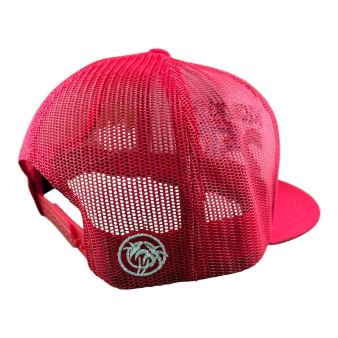 Back view of a red unisex adjustable trucker hat featuring a mesh design and embroidered logo.