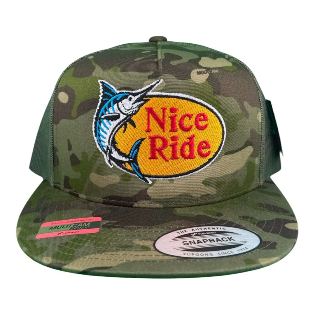 NICERIDE unisex trucker hat with bold embroidery and camouflage design, perfect fishing cap for outdoor enthusiasts.
