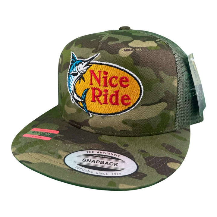 NICERIDE unisex adjustable snapback fishing cap featuring bold embroidery and camouflage design, perfect for outdoor enthusiasts.